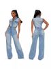 Women's Stretch Washed Denim Jumpsuit - High Waist Slim Fit Loose Straight Leg Romper - Light Blue_ecoleips.com