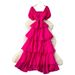 French-Inspired Summer Dress – Square Neck & Puff Sleeves With Tiered Ruffle Hem (Bluish/Black/White/Yellow/Rose Red, One Size)_ecoleips.com