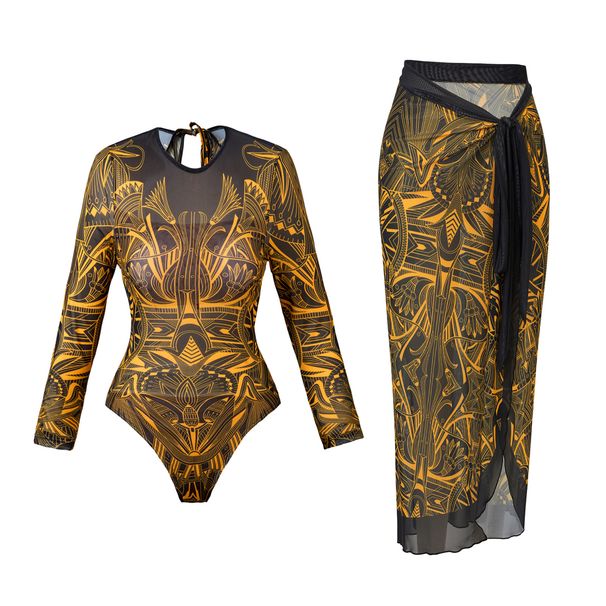 2025 Women's European American Style Printed One Piece Swimsuit High Waisted Sunscreen Suit Set Sexy Vacation Wear_ecoleips.com