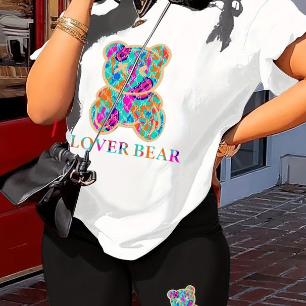 Summer Women's Casual Fashion Lover Bear Cartoon Graphic Printed Loose T-shirt Shorts Two-piece Set Summer Sportswear Suitable For Daily Wear-157_ecoleips.com