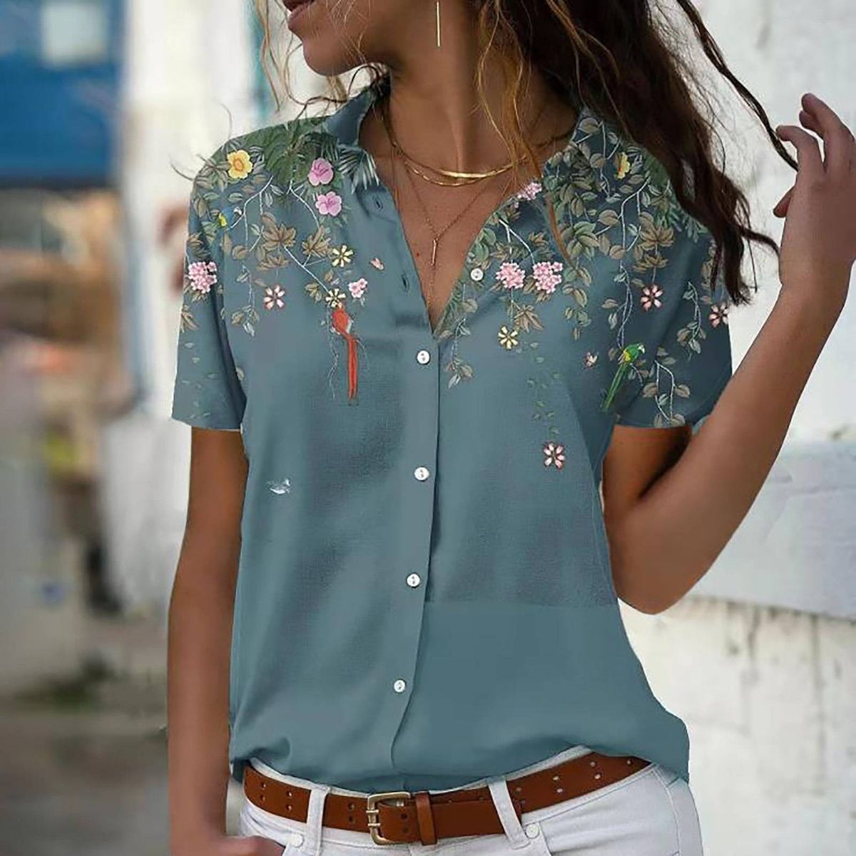 Women's Fashion Printed Blouse Short Sleeve Loose Button-Up Shirt For Casual Wear Breathable & Lightweight Fabric_ecoleips.com