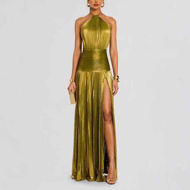 Women's Clothing Metallic Color Pleated Slit Lace Up Halter Neck Dress Sleeveless Backless_ecoleips.com
