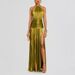 Women's Clothing Metallic Color Pleated Slit Lace Up Halter Neck Dress Sleeveless Backless_ecoleips.com