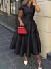 Freeacy Women's Elegant Dress V-neck Cap Sleeves Slim Fit A-line Party Dresses Solid Color High Waist Pleated Midi Dress_ecoleips.com