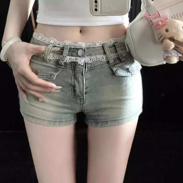 Lace Low-waist Denim Shorts For Petite Women, Slimming, American Style, New Design, Sexy Tight-fitting Hot Pants_ecoleips.com