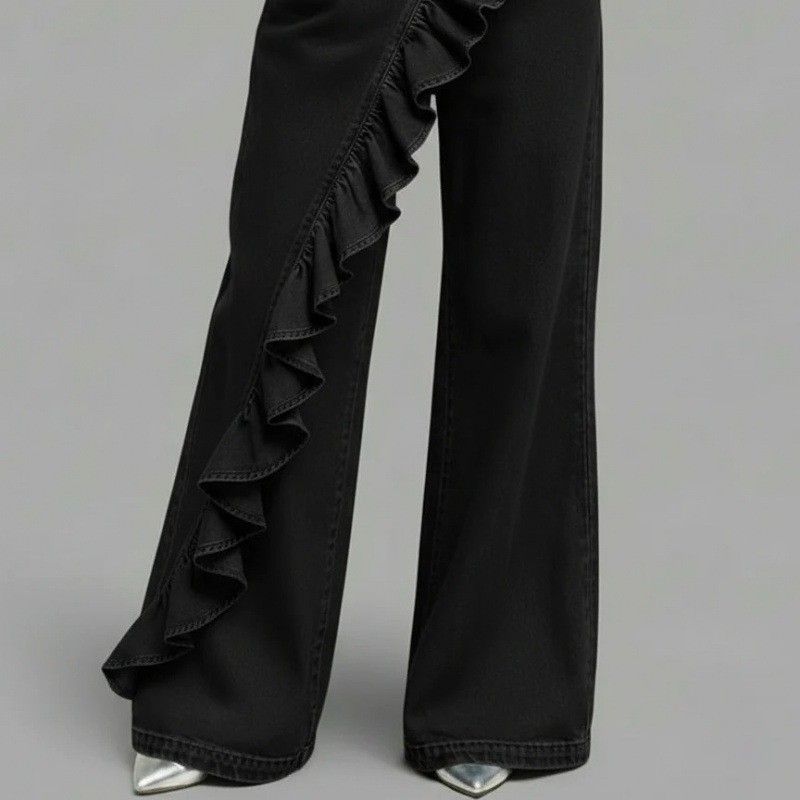 Women's Clothing Spring/Summer Retro Women's Faux Denim Pants Irregular Mid-Waisted High Waist Wide Leg Casual Trousers For Plus Size Ladies_ecoleips.com