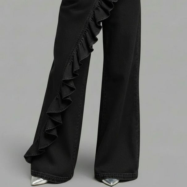 Women's Clothing Spring/Summer Retro Women's Faux Denim Pants Irregular Mid-Waisted High Waist Wide Leg Casual Trousers For Plus Size Ladies_ecoleips.com