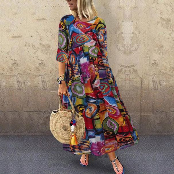 European And American 2021 New Women's Long Vintage Bohemian Pleated Sleeve Waist-Cinching Printed Dress_ecoleips.com