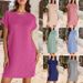 2026 Popular Crew Neck Cuffs Curled Solid Color Short Sleeve Pocket Dress_ecoleips.com