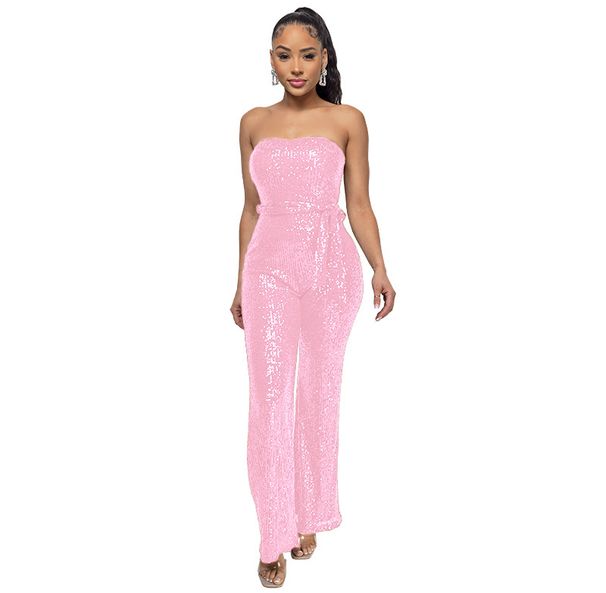 Women's Clothing Sleeveless Sequin Belt Jumpsuit Solid Color Tube Top Backless Jumpsuit_ecoleips.com