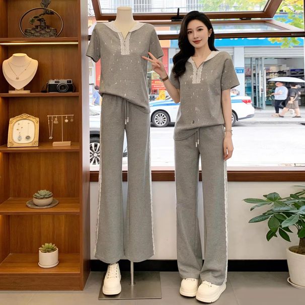 2026 Summer Super Stylish Casual Sports Outfit For Women, Trendy And Youthful, Lace Hooded Short-Sleeve Wide-Leg Pants_ecoleips.com