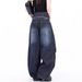 American-style Baggy Curved Silhouette Jeans For Women, Niche Washed Blue Trendy Wide-leg Banana Pants_ecoleips.com