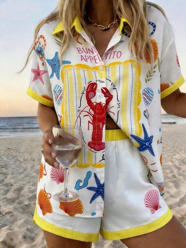 Women's Resort Style Printed Collared Shirt And Shorts Set Short Sleeve Summer Outfit_ecoleips.com