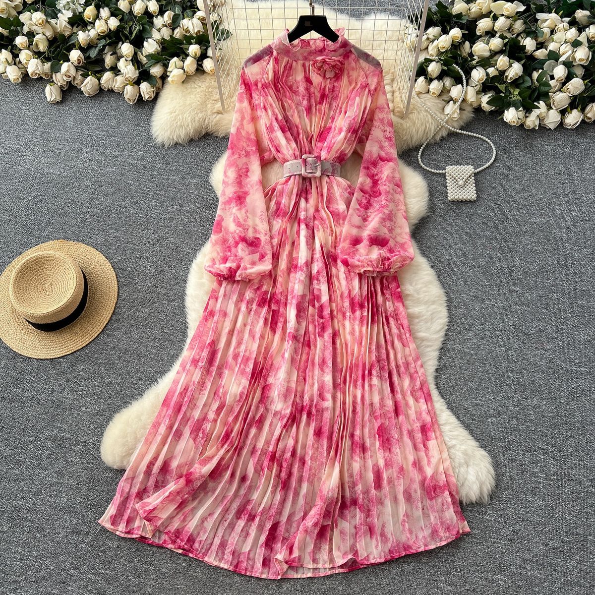 Women's Clothing Temperament Dress Strap Waist Three Dimensional Flower Lantern Sleeves Printed Long Dress_ecoleips.com
