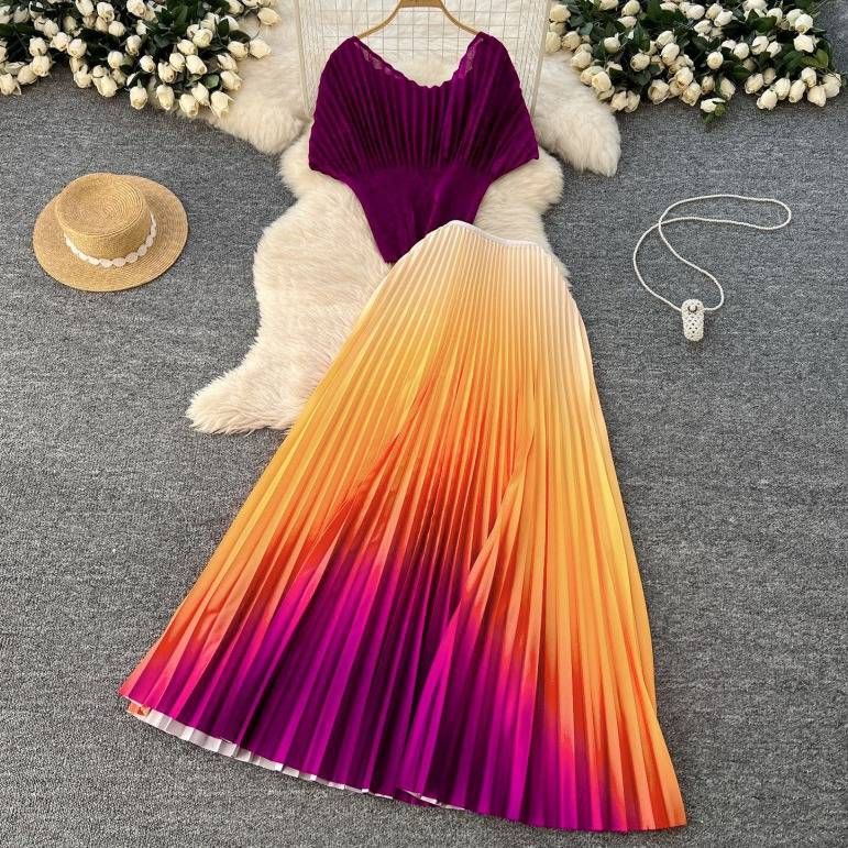 Women's Slim Fit Pleated Suit Set Sparkling Short Sleeve Top & High Waisted Gradient Pleated Skirt Summer Casual Bohemian_ecoleips.com