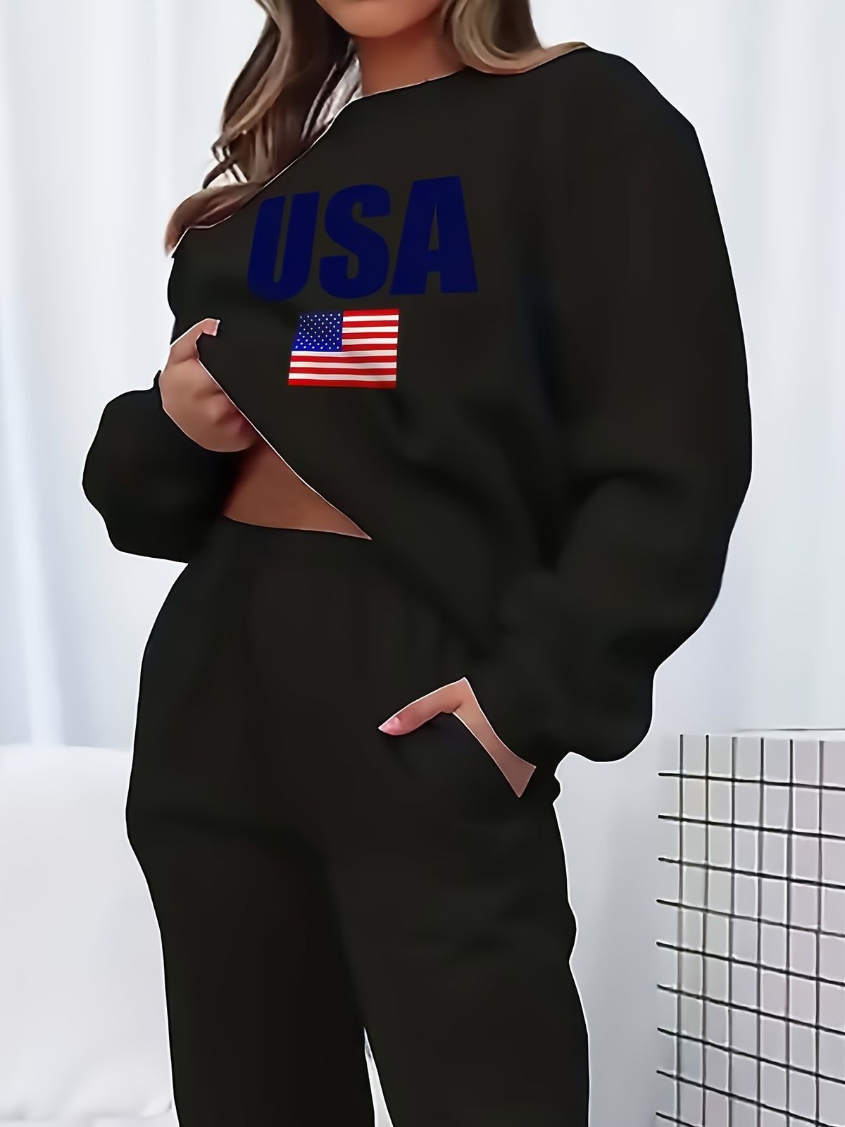 Women's Autumn/Winter Hip Hop Casual Street American Flag Pattern Printed Round Neck Sweatshirt+Sweatpants Warm Set-657_ecoleips.com