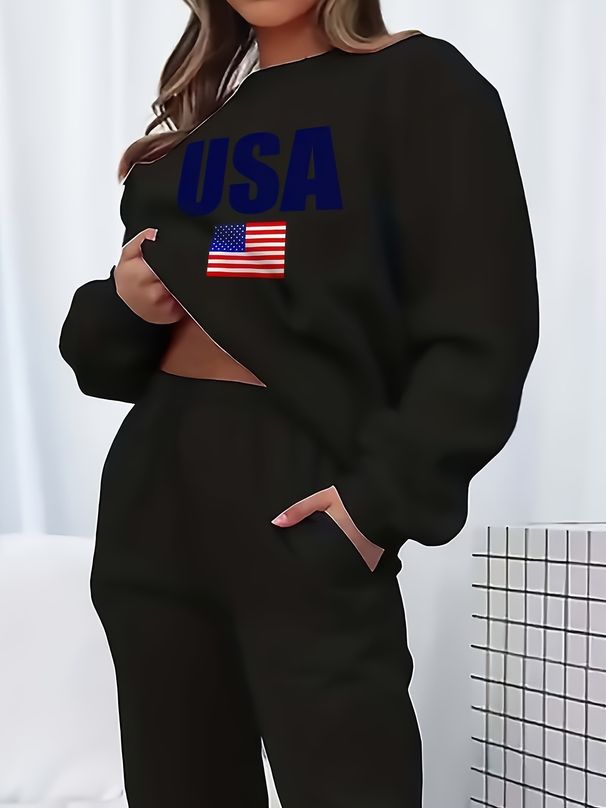 Women's Autumn/Winter Hip Hop Casual Street American Flag Pattern Printed Round Neck Sweatshirt+Sweatpants Warm Set-657_ecoleips.com