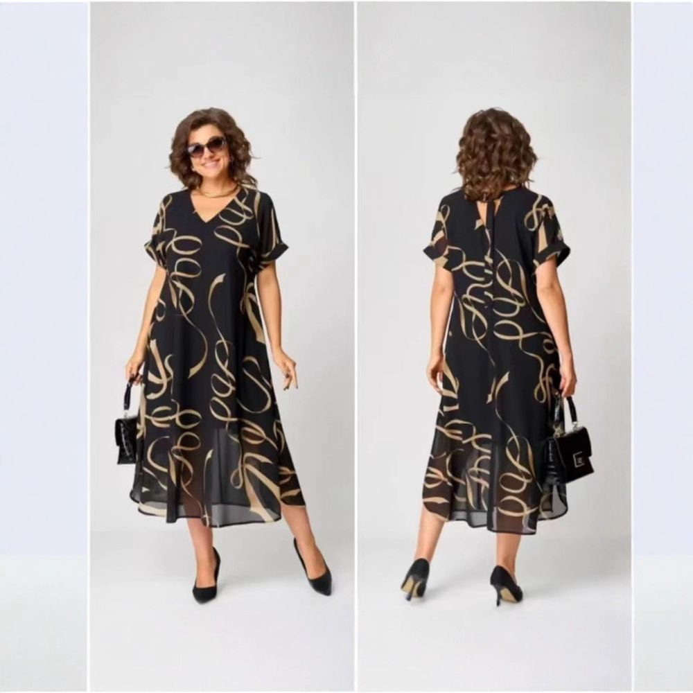 Women's Clothing Plus Size Elegant Printed V Neck Dress Fashion Temperament Commuter Mid Length Skirt For Women_ecoleips.com