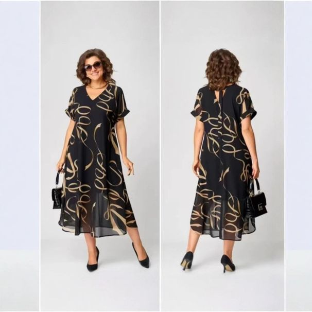 Women's Clothing Plus Size Elegant Printed V Neck Dress Fashion Temperament Commuter Mid Length Skirt For Women_ecoleips.com