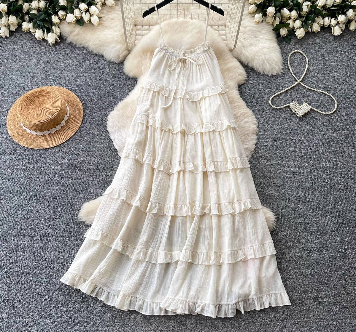Women's French Style Sleeveless Dress Summer Korean Ruffled Tiered Skirt Slimming Elegant Long Dress Vacation Inspired_ecoleips.com