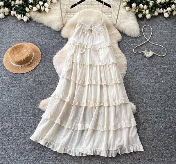 Women's French Style Sleeveless Dress Summer Korean Ruffled Tiered Skirt Slimming Elegant Long Dress Vacation Inspired_ecoleips.com