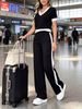 Women's Short Sleeve Two Piece Set Casual Ribbed Knit Outfit Summer T-Shirt And Shorts_ecoleips.com