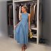New Arrival Elegant Commute Backless Sleeveless Tie Waist Denim Dress Women Fashion Denim Dress For Office_ecoleips.com