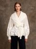 K Elegant Printed Top With Large Lapel And Lantern Sleeves, Cinched Waist And Lace Up Shirt For Women_ecoleips.com