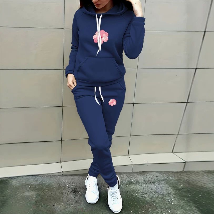Women's Retro Style Acacia Floral Print Pullover Hoodie And Loose Fitting Sweatpants Casual Suit_ecoleips.com