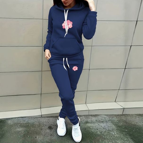 Women's Retro Style Acacia Floral Print Pullover Hoodie And Loose Fitting Sweatpants Casual Suit_ecoleips.com