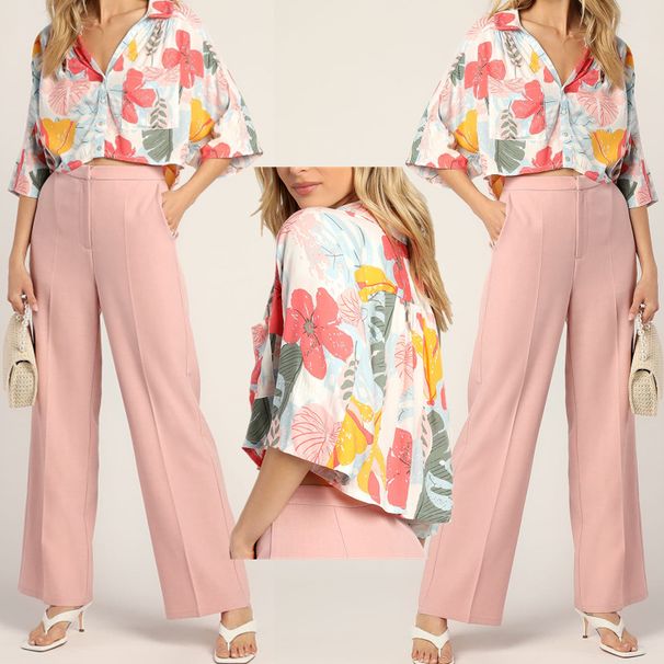 European And American Women's Spring Temperament Leisure Suit Commuter Pants Shirt High Waist Wide Leg Pants Suit_ecoleips.com