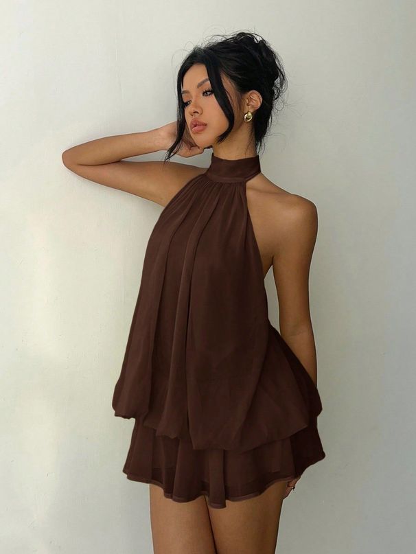 Women's Sexy Solid Color Halter Backless Belted Puff Mini Dress – Casual Resort Gown_ecoleips.com