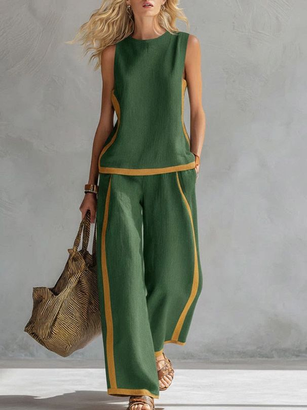 Women's Clothing Women's Summer Casual Fashion Sleeveless Color Block Wide Leg Pants Set Style Trendy Two Piece_ecoleips.com