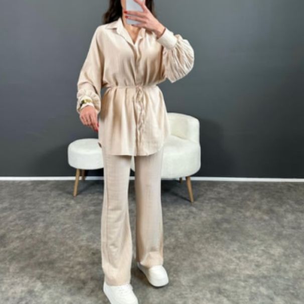 Women's Two Piece Set Puff Sleeved Loose Tie Waist Shirt Straight Leg Casual Pants Fashion_ecoleips.com