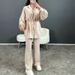 Women's Two Piece Set Puff Sleeved Loose Tie Waist Shirt Straight Leg Casual Pants Fashion_ecoleips.com