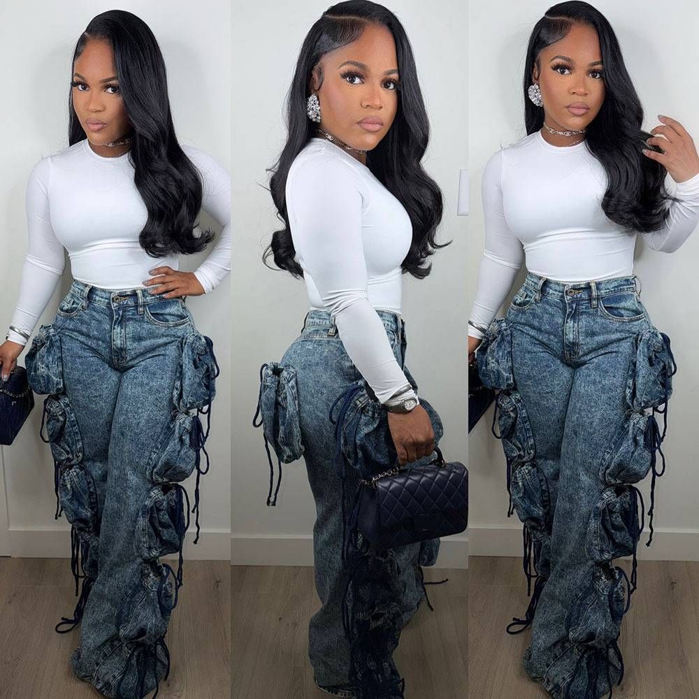 Women's Clothing Women's Style Denim Cargo Pants Straight Leg Trousers With Multiple Pockets Street Style Unique Design_ecoleips.com