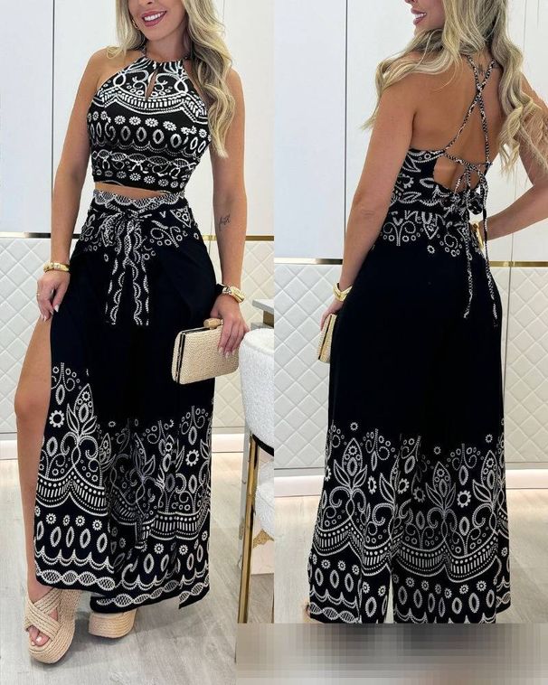 Women's Printed Position Set Lace Up Vest Top Casual Fashionable Style Regular Fit T-Shirt For Ladies_ecoleips.com