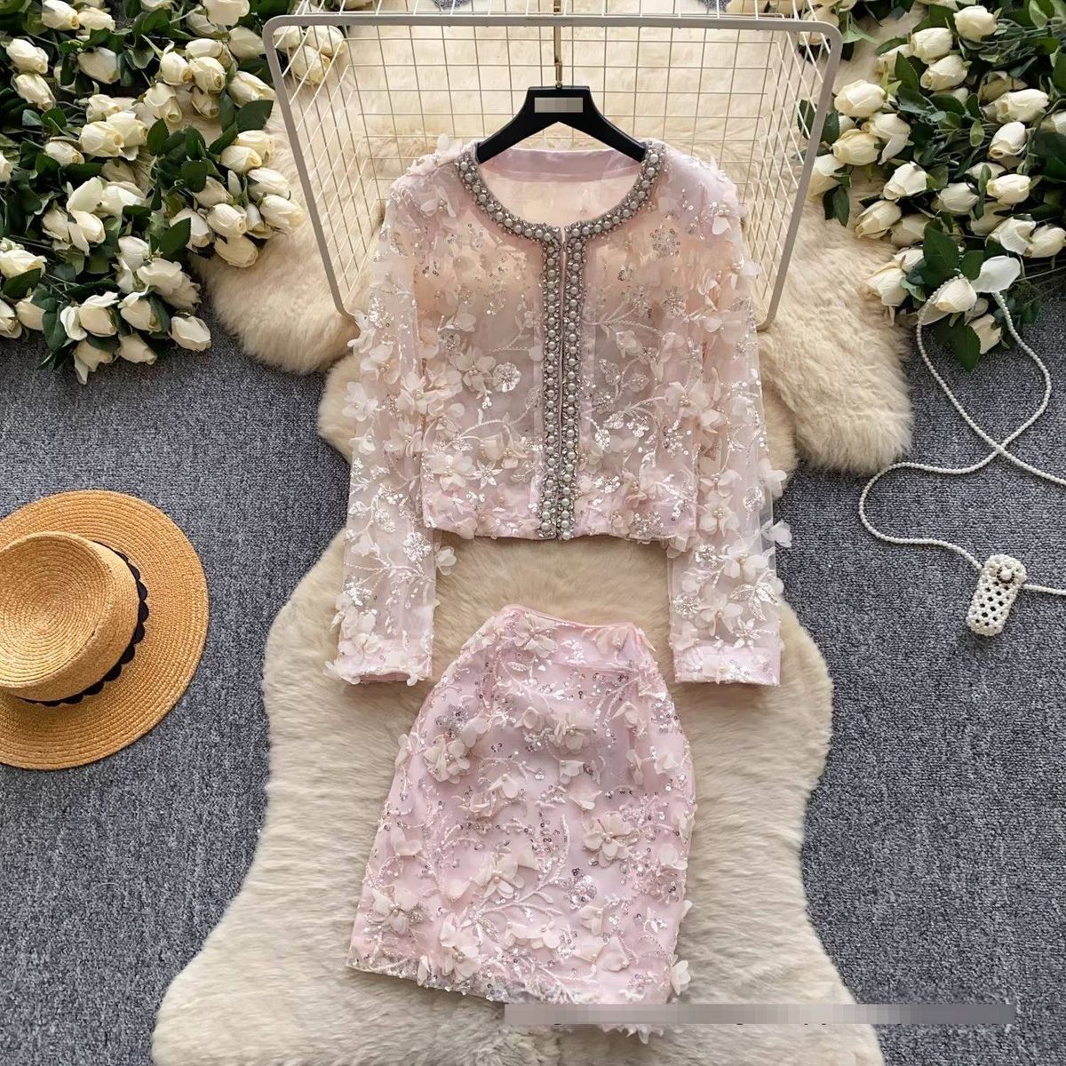 Luxury Embellished Sequin & Beaded Cardigan Set With Mini Skirt - Elegant Office Wear For Women | Pink & Beige | S/M/L/Xl_ecoleips.com