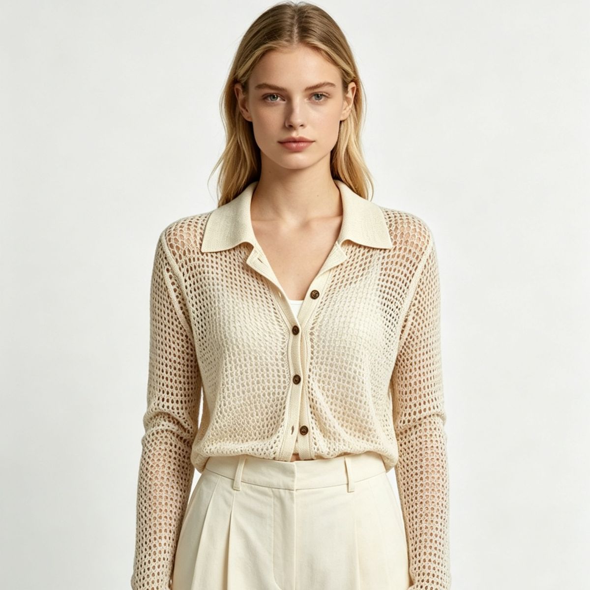 French Light Luxury Openwork Lapel Long Sleeve Cardigan Knit Top_ecoleips.com
