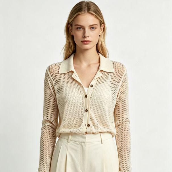 French Light Luxury Openwork Lapel Long Sleeve Cardigan Knit Top_ecoleips.com