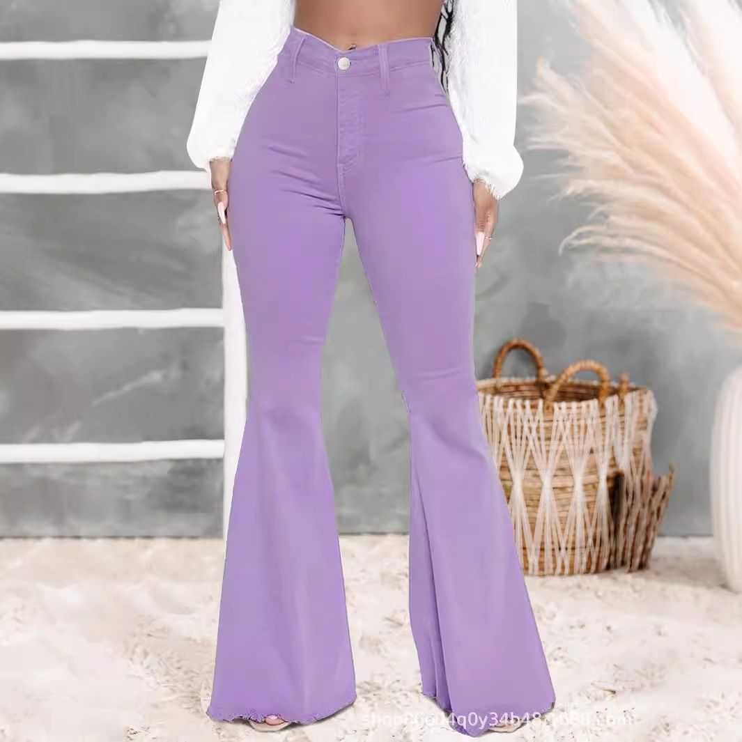 Women's Clothing Purple Raw Edge Flared Stretch Jeans_ecoleips.com