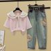 Women's Clothing Fashionable Women's Preppy Style Set With Navy Collar Top And Embroidered Ethnic Short Sleeve Shirt Trendy Style Jeans_ecoleips.com