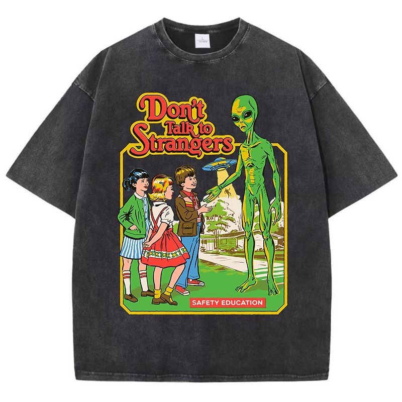 Cartoon Alien Classic Communication Print Women T-shirt Breathable Cotton Short Sleeve Washed Vintage Worn Out Female T Shirts_ecoleips.com