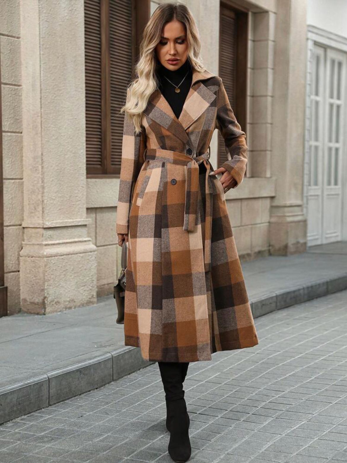 Women's Long Double Breasted Trench Coat With Notched Lapel & Belt - Wool Blend Overcoat In Black/Green/Khaki/Charcoal/Check For Fall Winter_ecoleips.com