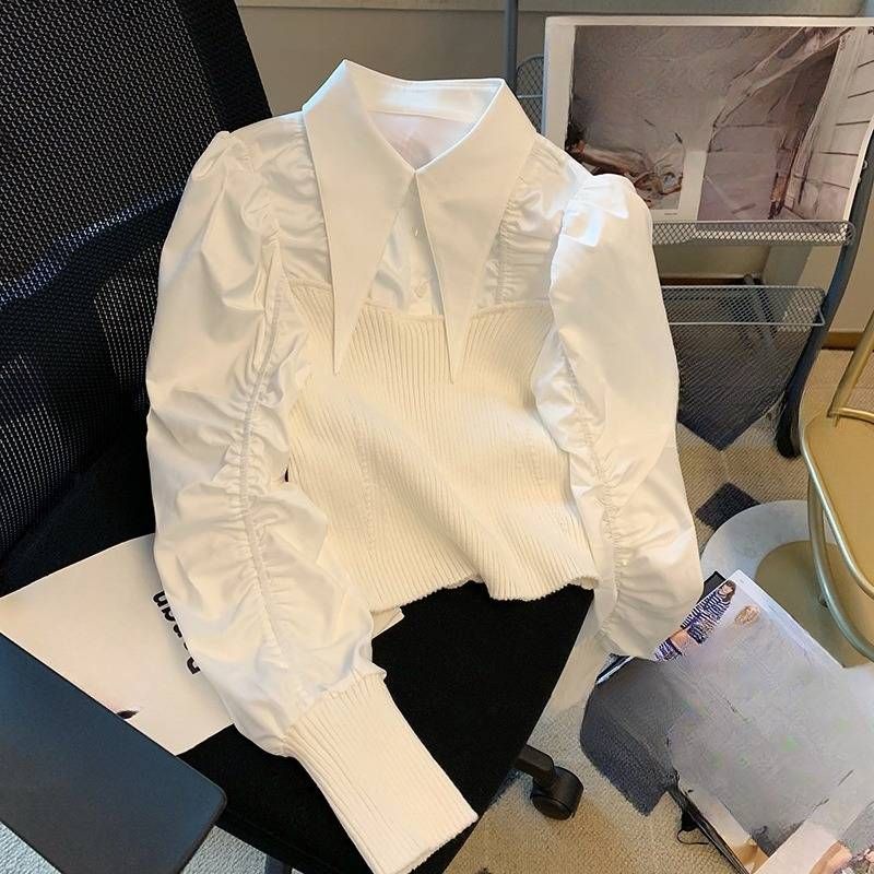 Women's Clothing High Grade White Pointed Collar Stitching Knitted Shirt Women's Long Sleeve Spring Fashionable Temperament Beautiful Small Shirt_ecoleips.com