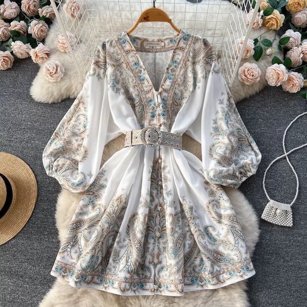 Women's Clothing Print Single Breasted V Neck Lantern Sleeve Waisted Medium Length Dress For Small People_ecoleips.com