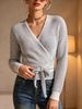 White Grey Stripe Wrap Tie Waist Pit Rib Knit Sweater, Loose Deep V Lightweight Breathable Soft Skin-touch Long Sleeve Pullover_ecoleips.com