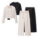 Women's Short Double-Breasted Blazer Set With Chain Belt & Ankle Pants – Elegant Office-To-Evening Outfit (Beige/Black, Sizes Xs-L)_ecoleips.com
