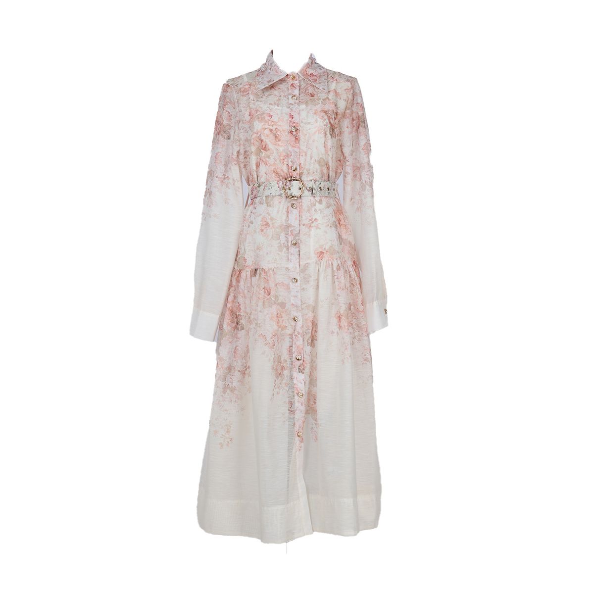 Women's Clothing Lapel Long Sleeved Big Swing Skirt With Belt Single Breasted Long Skirt Positioning Print Dress_ecoleips.com