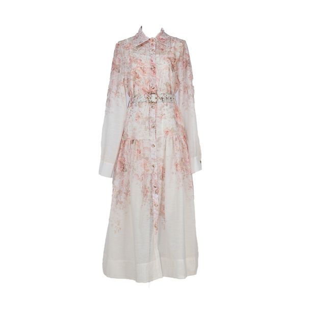Women's Clothing Lapel Long Sleeved Big Swing Skirt With Belt Single Breasted Long Skirt Positioning Print Dress_ecoleips.com